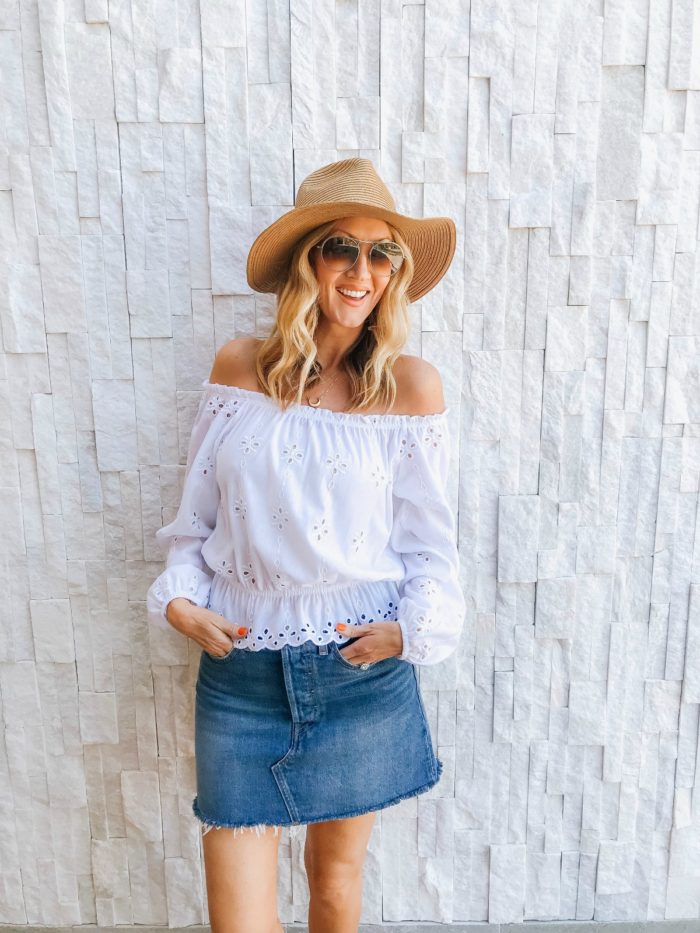 hm eyelet off the shoulder top